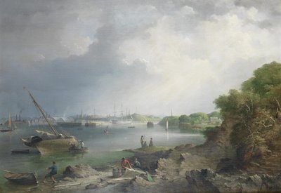 Ein Blick über den Hamoaze auf die überdachten Slipanlagen und Gebäude der Marinewerft in Devonport von Richard Brydges Beechey